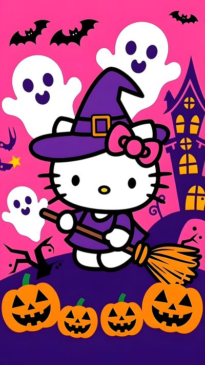 a hello kitty halloween scene with pumpkins and ghost Pink Hello Kitty Halloween Hello Kitty Halloween, Happy Halloween Pictures, Hello Kitty Colouring Pages,