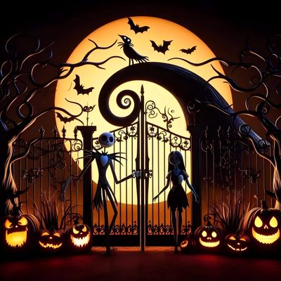 halloween scene with pumpkins and jack - o'- lanterns in front of an iron gate Halloween Town Gate Nightmare Before Christmas Cemetery Gate, Halloween, Tim Burton, black