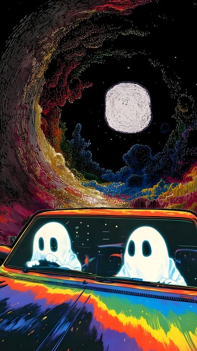 there are two ghost heads in the back of a car Hippie Halloween Dragon Ball, Vibes Art, Trippy, Cool Art, Cool Backgrounds, dark slate gray