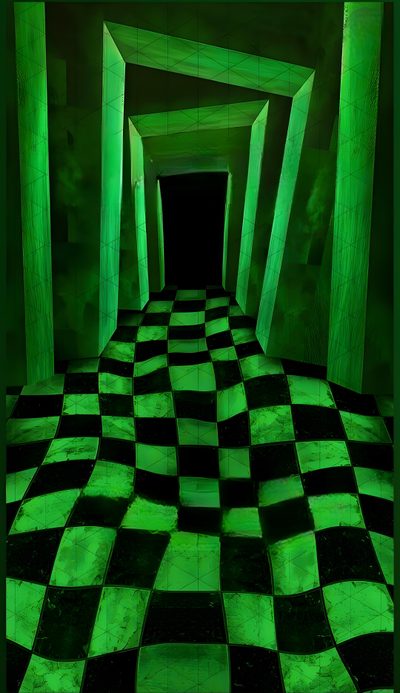 a checkered floor with green light in the middle Halloween Green Aesthetic Vaporwave Halloween, Tim Burton Themes, Glowing Green And Purple Aesthetic,