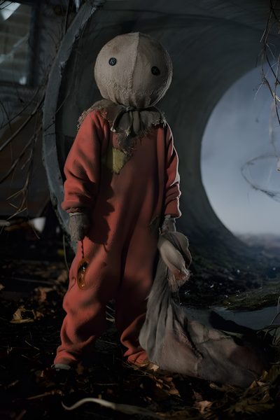 a creepy doll is standing in the woods Halloween Sam Trick R Treat Characters, Trick Or Treat Movie Sam Costume, Sam From The Movie Trick Or Treat, black