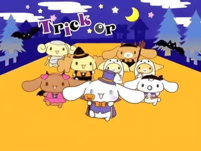 cartoon characters are standing in the middle of a field Cinnamoroll Halloween Gif Cinnamoroll Gif Fall, Cinnamoroll Halloween Gif, Hello Kitty And Friends Halloween Gif, sandy brown