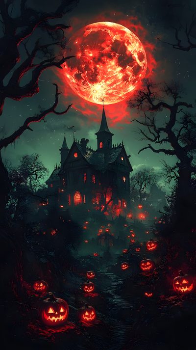 a creepy house with pumpkins on the ground in front of it and a full moon Ios 26 Halloween Iphone Iphone Scary Halloween Background, Scary Halloween, Halloween Iphone, black