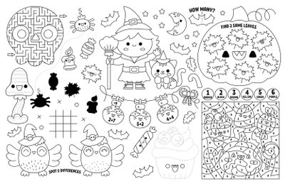 kawaii Halloween placemat for kids. Fall holiday printable activity mat with maze, tic tac toe chart, connect the dots, find difference. Black and white autumn play mat or coloring page Halloween Maze Otomi Embroidery Playmat Wallpaper, Halloween Doodle Game 2022, Halloween Doodle Games, Doodle Game Halloween, Halloween Doodle Game, Cute Halloween Worksheet Design, Halloween Doodle Sheet, Halloween Coloring Placemat, Halloween Party Activity Sheet Halloween Maze Otomi Embroidery Playmat Halloween Maze Otomi Embroidery Playmat, Halloween Doodle Game 2022, Halloween Doodle Games, white