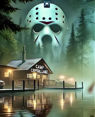 a painting of a house with a mask on it Camp Crystal Lake Halloween Jason Pictures, Jason Movie Images, Friday The 13th Background Images, dim gray