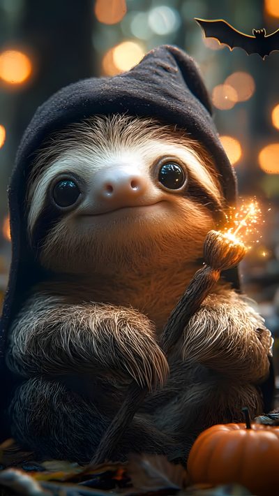 a slotty in a black hat holding a sparkler next to a halloween pumpkin Halloween Sloth Relax Sloth Picture, Cute Sloth, Sloth Cute, Halloween Sloth, Cute Sloths, dark slate gray