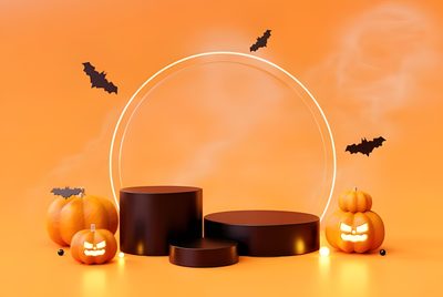an orange background with some pumpkins and bats around the circle, on top of three pedestals Halloween Podium Autumn Background For Product Display, Halloween Podium, 3d Elegant Podium Product Placement, sandy brown