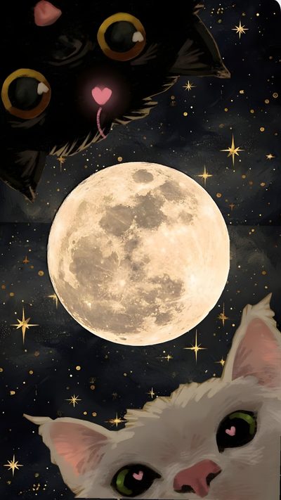 two cats staring at the moon with stars in the sky behind them and one cat's head sticking out Matching Halloween Cat And Dog, Gatos, Phone Background, Cartoon Sun, Cats Art Drawing, dark slate gray