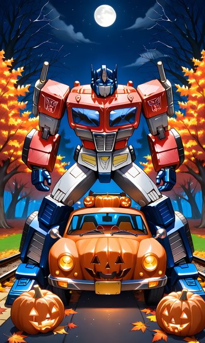 an image of a transformer car with pumpkins on the ground Transformers Halloween Transformers Artwork, Drawing Base, Disney Art, Transformers, dark slate gray