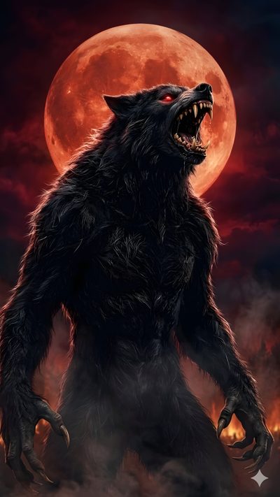 a large black wolf standing in front of a full moon Halloween Werewolf Werewolf Moon, Werewolf Head, Lycan Underworld, Werewolf Mid Transformation, black