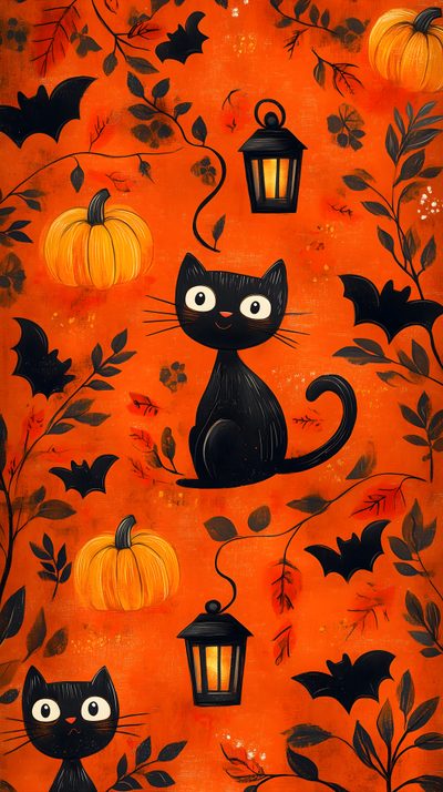 an orange background with black cats and pumpkins Halloween Cat For Walls Halloween Cat Artwork, Halloween Cat Backgrounds, Vintage Halloween Cat Illustration, orange red