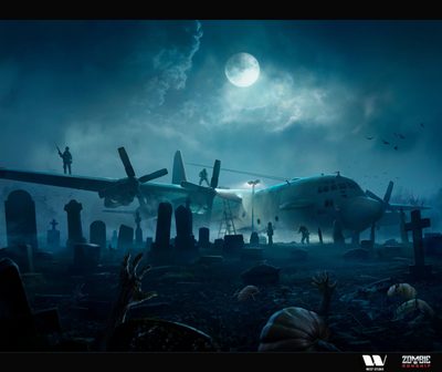 an airplane sitting on top of a graveyard under a moon filled sky with people standing next to it Halloween Zombie Gunship Zombie Apocalypse Concept Art, Zombie Fortress, Zombies Concept Art, midnight blue