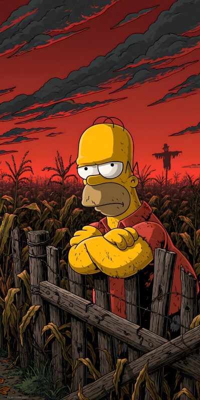 the simpsons is standing on a fence in front of a cornfield at sunset, Simpsons Halloween 4k Cool Ipad, Courage The Cowardly Dog, Oled, Lip, Arquitectura Gotica, dark slate gray