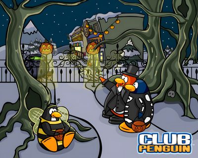 two penguins are sitting in front of a house at night, one penguin is pointing to the sky Club Penguin Halloween Club Penguin Ghost, Club Penguin Halloween Costume, Tim Burton Penguin, dark olive green