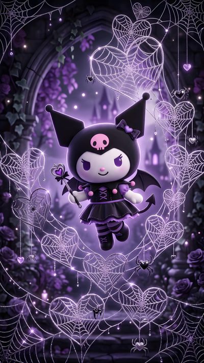 Adorable Kuromi in a cute gothic witch outfit with bat wings, holding a magic wand, floating in a dark purple fantasy setting filled with glittery spiderwebs, hearts, and spooky-cute details. Perfect Sanrio Kuromi Halloween / goth / fairycore aesthetic wallpaper. #Kuromi #Sanrio #GothicWallpaper #KuromiWallpaper #PurpleAesthetic #SpiderwebAesthetic #WitchAesthetic #GothAesthetic #KawaiiGothic #SanrioWallpaper #HalloweenWallpaper #CuteWallpaper #PhoneWallpaper #DarkCoquette #AestheticWallpaper Kuromi Witch, Fairycore Aesthetic Wallpaper, Goth Fairycore, Box Template Printable, Witch Wallpaper, Witch Outfit, Gothic Wallpaper, Hello Kitty Backgrounds, Cute Emo Halloween Purple Halloween Cute Kuromi Kuromi Witch, Fairycore Aesthetic, Goth Fairycore, dark slate gray
