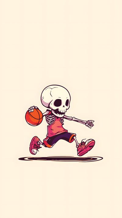 a skeleton is running with a basketball in his hand and wearing red shoes, while holding an orange ball Halloween Nba Basketball Ghost, Skeleton Dunking, Ghost Playing Basketball, beige