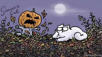 an image of a halloween scene with cat and ghost in the grass, one has a pumpkin on it's head Simons Cat Halloween Hd Halloween Joe Cat, Cartoon Cat Pumpkin Art, Cat Playing With Pumpkins Illustration, gray