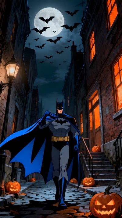 the animated batman stands in front of his pumpkins on halloween night with full moon behind him Dc Halloween Mlg, Batman Concept, Batman Comic, Batman Comic Books, Batman Pictures, Batman Film, black
