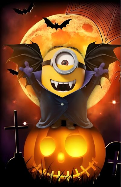 a minion sitting on top of a pumpkin with its eyes open and hands in the air Minions Halloween Minion Halloween Quotes, Minion Halloween Desktop, Minion Witch, saddle brown