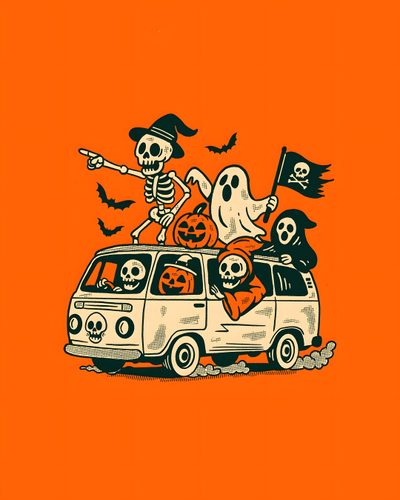 an orange background with a vw van and two skeletons on the roof, one holding a jack - o'- lantern Retro Halloween Orange Halloween Scary Aesthetic, Cool Halloween Graphics, Halloween Graphics Design, orange red