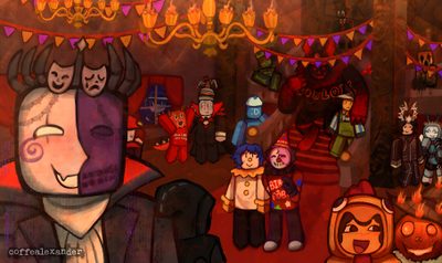 a group of cartoon characters standing in front of a stage with lights and decorations on the ceiling Forsaken Halloween Verona, Forsaken Halloween, Halloween, Funny, maroon