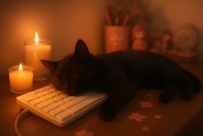 a black cat sleeping on top of a computer keyboard next to some candles and flowers Desktop Black Cat Halloween Fall Vibes, Cute Cats, Pumpkin Spice Latte, Cozy Night Desktop, maroon