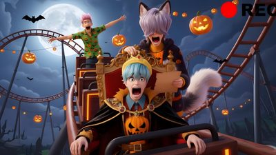 an animated image of two people on a roller coaster with pumpkins and jack - o'- lanterns Baby Saja Halloween Spicy Mystery Saja Fanart Spicy, Mystery Saja And Baby Saja Fanart, Mystery Saja And Baby Saja, dark slate gray