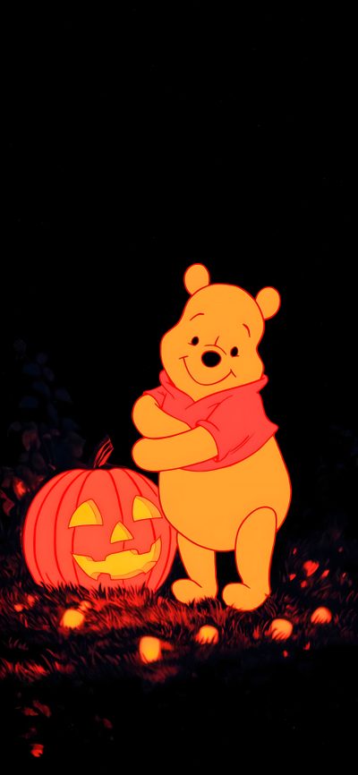 a winnie the pooh pumpkin and jack - o'- lanterns lit up at night Halloween Disney Winnie The Pooh Background, Halloween Disney, Winnie The Pooh Halloween, Disney Fall, black