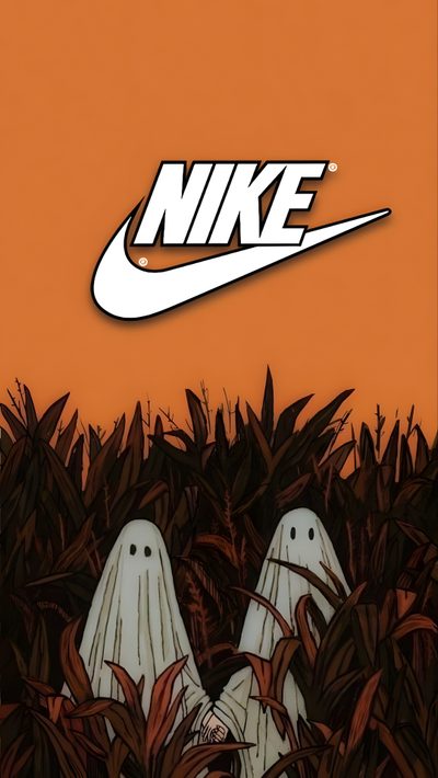 two ghost like figures in the grass with an orange background and nike logo above them Halloween Nike Creative Halloween Costume Ideas, Halloween Nike, Nike Logo With Ghosts In Cornfield, sienna