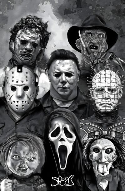 a group of people with masks on their faces Halloween Killers Halloween Films, Halloween, Horror Movie Tattoos, Photo Halloween, dark slate gray