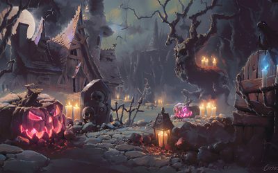 a halloween scene with pumpkins and creepy houses Bing Halloween Horizontal Halloween, Halloween Environment, Halloween Backgrounds Landscape, dark slate gray