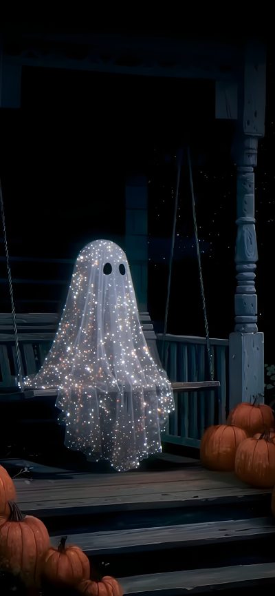 some pumpkins are sitting on the porch with lights in them and a ghost hanging from it's side Halloween Glitter Iphone Halloween Vintage, Watch, Halloween Backgrounds, Iphone Background, black