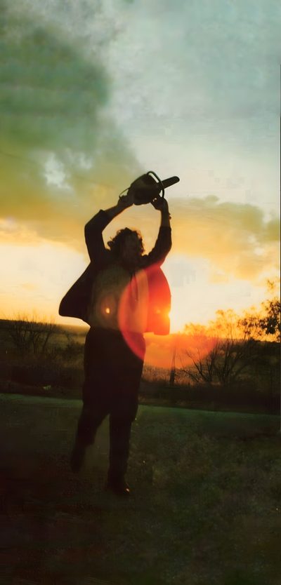 a man holding a baseball bat over his head 80s Halloween Aesthetic Foto Divertenti, Cinema Paradiso, Classic Horror, Texas Chainsaw, dark olive green