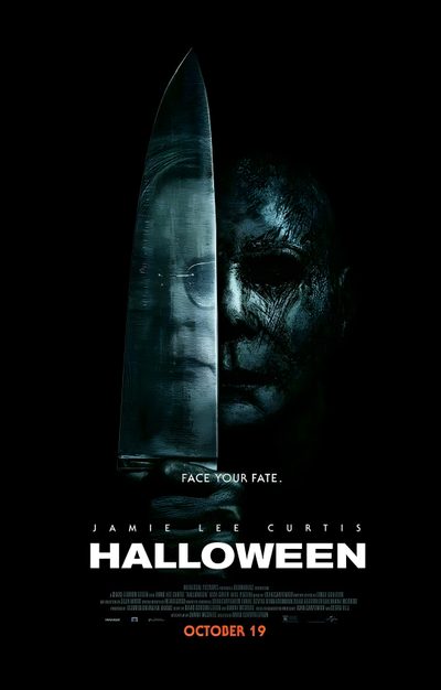 a movie poster for halloween with a knife sticking out of it's face and the words, Halloween 2018 Halloween Movie Poster 2018, Halloween 2 Movie Poster, Halloween Kills Movie Poster, black