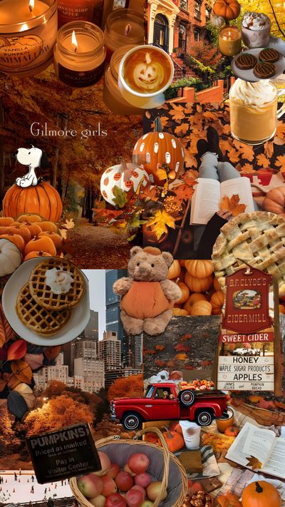 a collage of pumpkins, candles and other items Halloween Collages Thanks Giving Aesthetic, Autumn Aesthetic Cozy, Fall Lockscreens, saddle brown