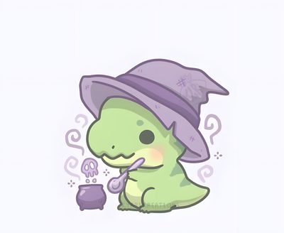 a green dinosaur wearing a purple hat and holding a pipe with steam coming out of it Cute Halloween Dinosaur Dinosaur Tattoos, Dinosaur, Animal Doodles, Kawaii Illustration, ghost white