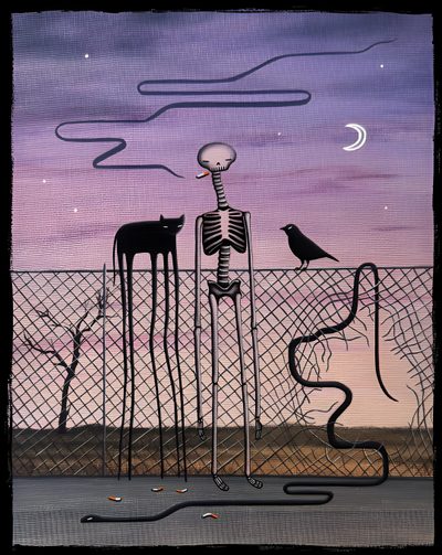 a painting of a skeleton and two cats on a fence with a night sky in the background Halloween Skeleton Cat Leinwand Malerei Ideen, Weird Art, Pretty Backgrounds, Cute Backgrounds, gray