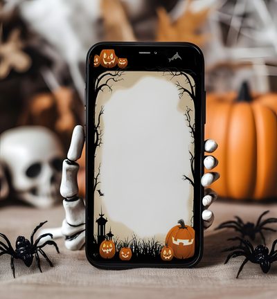 a cell phone with halloween decorations on it and a skeleton holding an empty paper in front of the screen Modern Smartphone With Halloween Spooky Social Media Backgrounds, Blank Halloween Invitation Background, Halloween Stationery Background, rosy brown