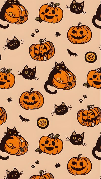 halloween pumpkins with cats and bats are on a beige background that is seamless Halloween Iphone Aesthetic Halloween Iphone, Halloween, Decor Shabby Chic, Autumn Phone, Pumpkin, burlywood