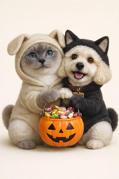 two cats dressed up like dogs and one is holding a pumpkin basket with candies in it Cute Dog And Cat Halloween Fall Dog And Cat, Cute Dog And Cat Halloween, Cute Halloween Puppy, wheat