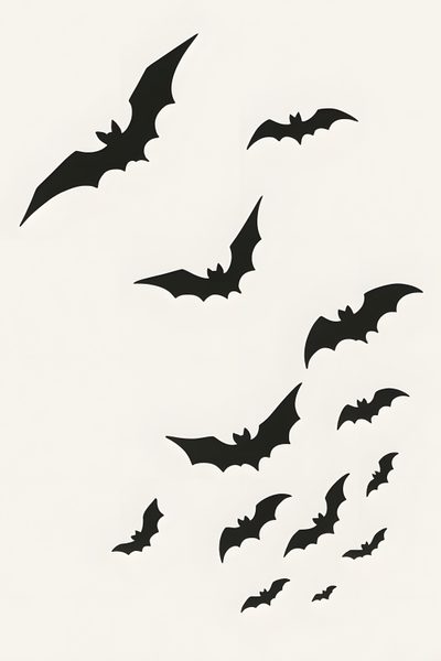 a flock of bats flying in the sky Halloween Cute Bats Silhouette Arte Trash Polka, Bat Sketch, Bat Stencil, Bat Outline, Bat Vector, linen