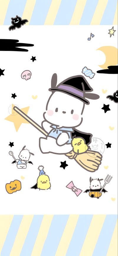 a cartoon character flying through the air holding a broom Pochacco Halloween Pochacco Halloween Pfp, Pochacco Pumpkin Painting, Halloween Pochacco, white