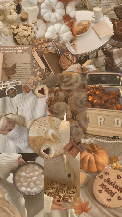 a collage of photos with pumpkins, cookies and other items Aesthetic Beige Halloween Fall Cozy, Soft Fall Aesthetic, Light Fall Aesthetic, gray
