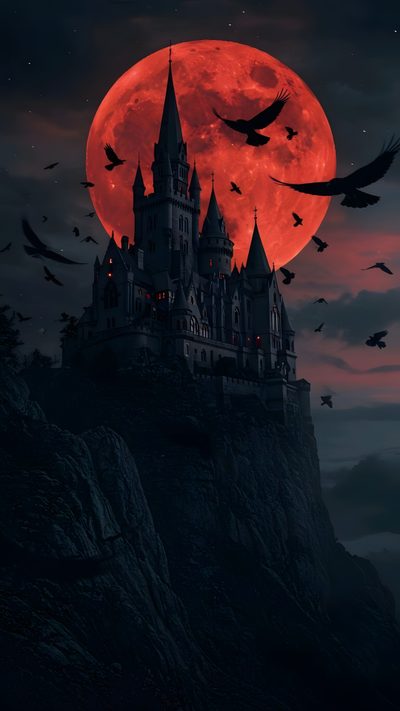 an image of a castle with birds flying around it in front of the full moon Dracula Halloween Castle Vampire, Dracula Castle, Dracula Iphone, Dracula Castle Hd, Vampire Phone, black