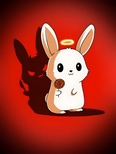 a cartoon bunny holding a donut in front of a black cat on a red background Halloween Bunny Bunny With Red Eyes Cartoon, Evil Angel Bunny, Cartoon Bunny With Red Eyes, firebrick