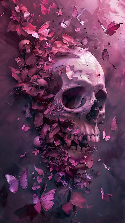 a skull surrounded by butterflies in the water Cute Halloween Skull Skull Background Aesthetic, Skull Phone, Pretty Skull, Pink Skull 4k, dark slate gray