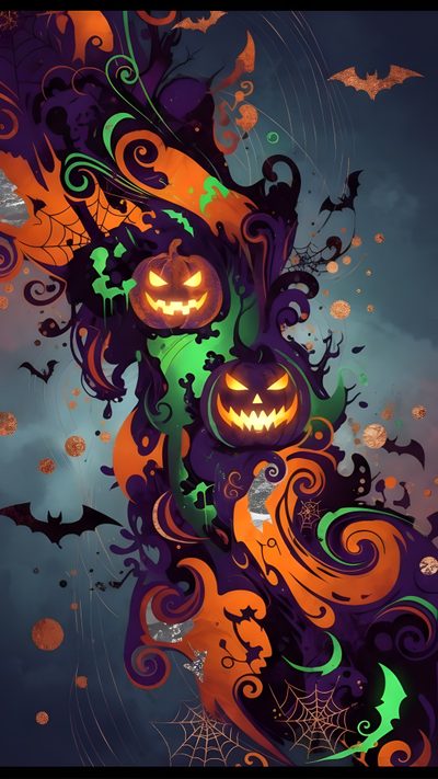 an artistic halloween background with pumpkins and bats Halloween Swirls Party Halloween Art, Halloween Trick Or Treat, Halloween Artwork, dark slate gray