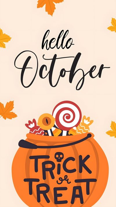 an orange pumpkin with candy and candies in it that says, hello october trick & treat Halloween Hello October October Iphone, Happy October, Disney October, Hello October Halloween, antique white