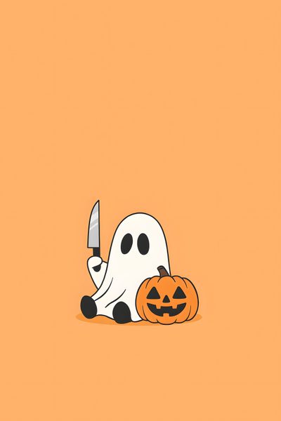 a cartoon ghost laying on the ground with a knife in it's mouth and holding a pumpkin Halloween Smartwatch Halloween Home Screen, Cute Aesthetic Halloween, Aesthetic Pictures Halloween, sandy brown