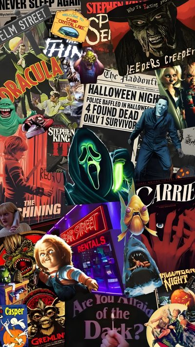a collage of horror movie posters and stickers Halloween Movie Themed Classic Horror Film Posters, Halloween Decoration Ideas, Horror Movie Night Inspiration, dark slate gray